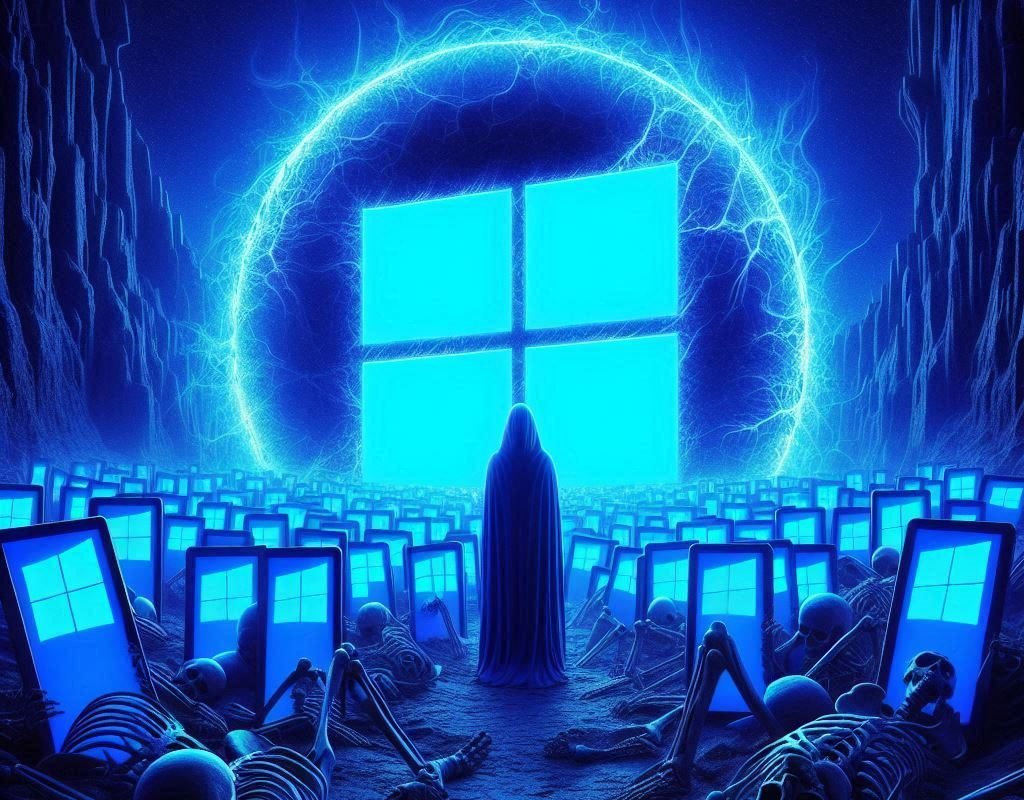 Crea una imagen que simbolice los pantallazos azules de la muerte en windows 10 y windows 11